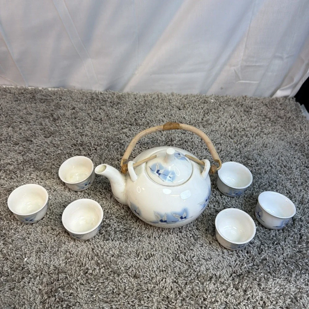 Vtg Haeng Nam Korean Bone China Crane Tea Set 6 Cups & Pot s Blue NEW